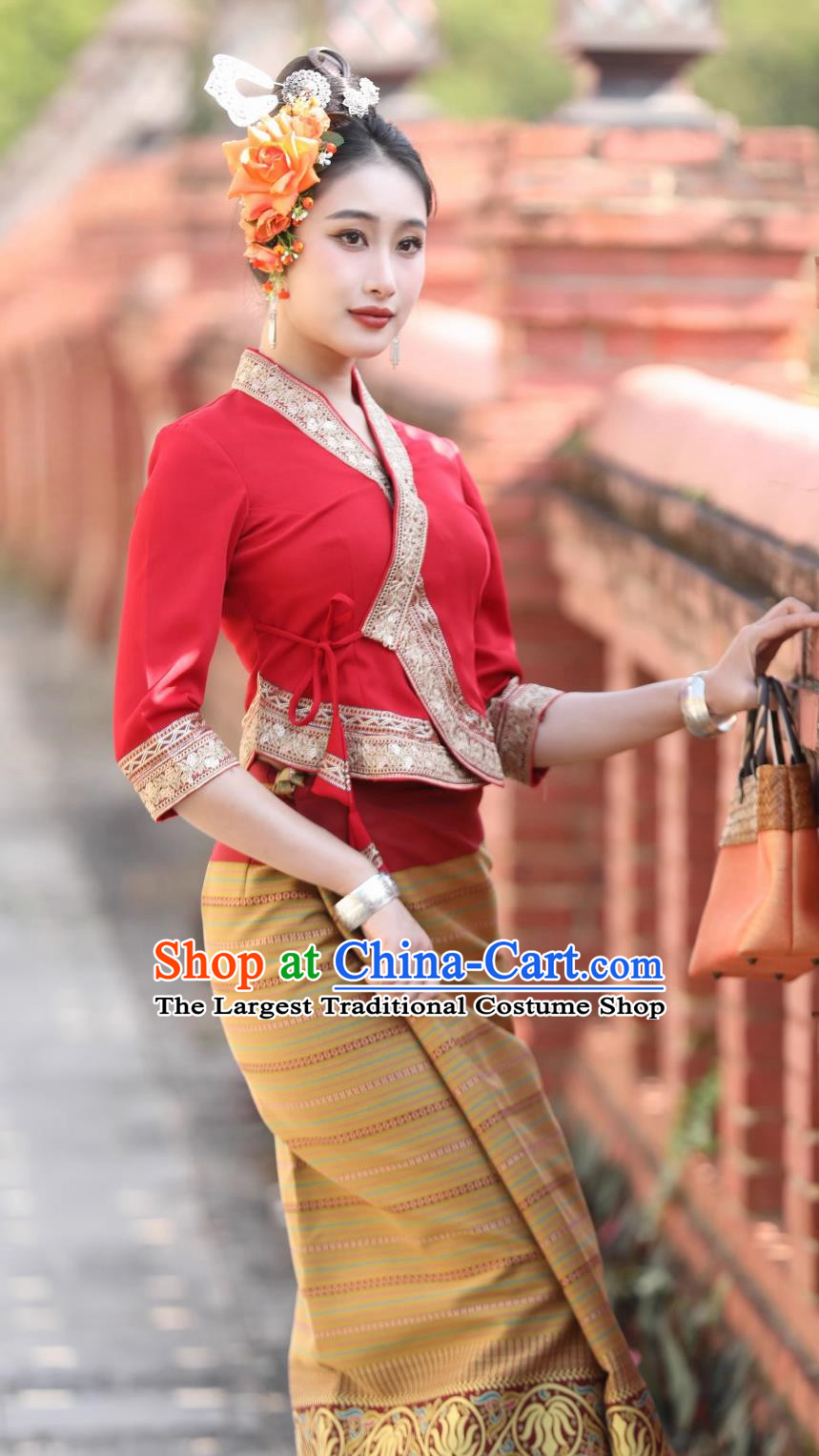 Dai Traditional Clothing Women Red Suit Mid Sleeve Skirt Festival Clothing