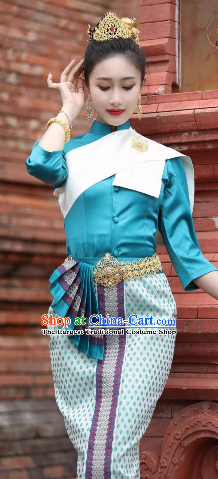 Thai Traditional Clothing Women Lake Blue Suit Stand Collar Puff Sleeve Long Skirt Slim Overalls