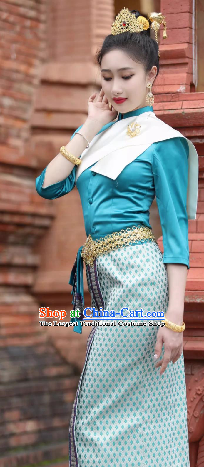 Thai Traditional Clothing Women Lake Blue Suit Stand Collar Puff Sleeve Long Skirt Slim Work Clothes