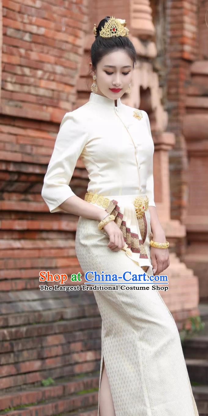 Thai Traditional Costume Women Beige Suit Stand Collar Puff Sleeve Long Dress Slim Fit Work Clothes