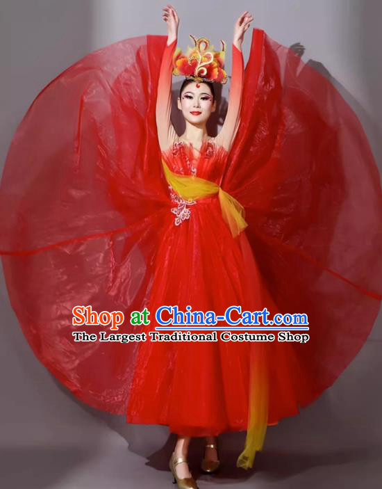 Chinese in the Lights Dance Costume Red Chorus Clothing Opening Dance Female Modern Dance Red Long Dress