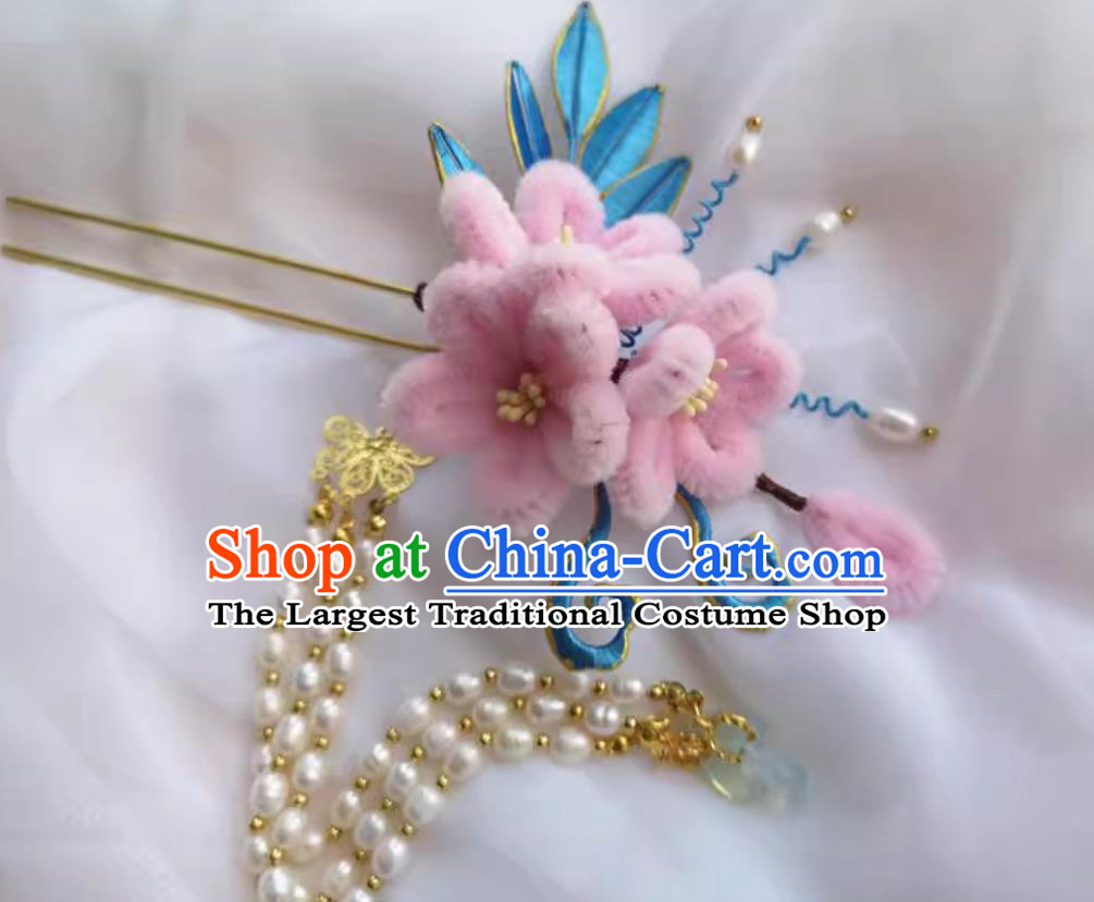 Chinese Pearl Tassel Bu Yao Step Shaking Headpiece Handmade Hair Jewelry Pink Velvet Flower Hairpin Wrapped Flowers Hanfu Hair Stick