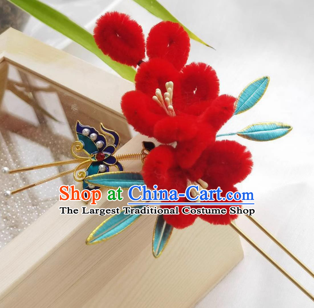 Chinese Hanfu Red Velvet Flower Hairpin Wrapped Plum Blossom Hair Stick Traditional Headpiece Handmade Hair Jewelry