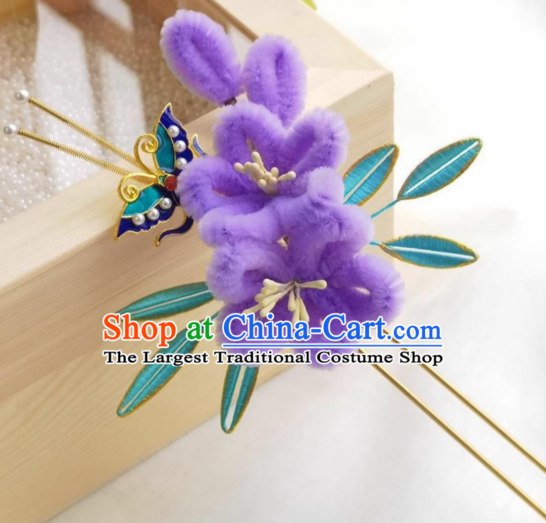 Handmade Hair Jewelry Chinese Hanfu Purple Velvet Flower Hairpin Wrapped Plum Blossom Hair Stick Traditional Headpiece