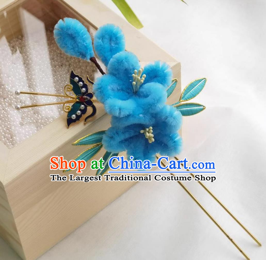 Traditional Headpiece Handmade Hair Jewelry Chinese Hanfu Blue Velvet Flower Hairpin Wrapped Plum Blossom Hair Stick