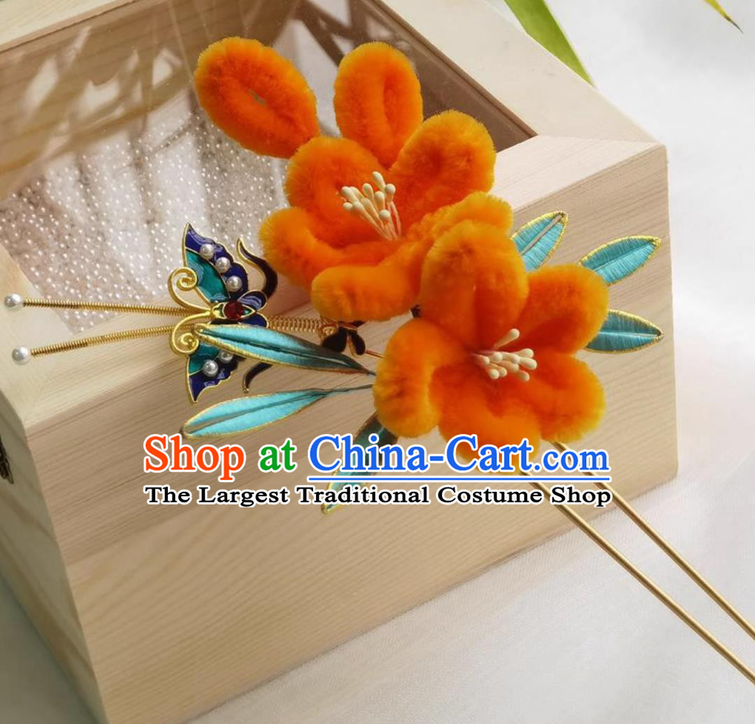 Chinese Hanfu Orange Velvet Flower Hairpin Wrapped Plum Blossom Hair Stick Traditional Headpiece Handmade Hair Jewelry