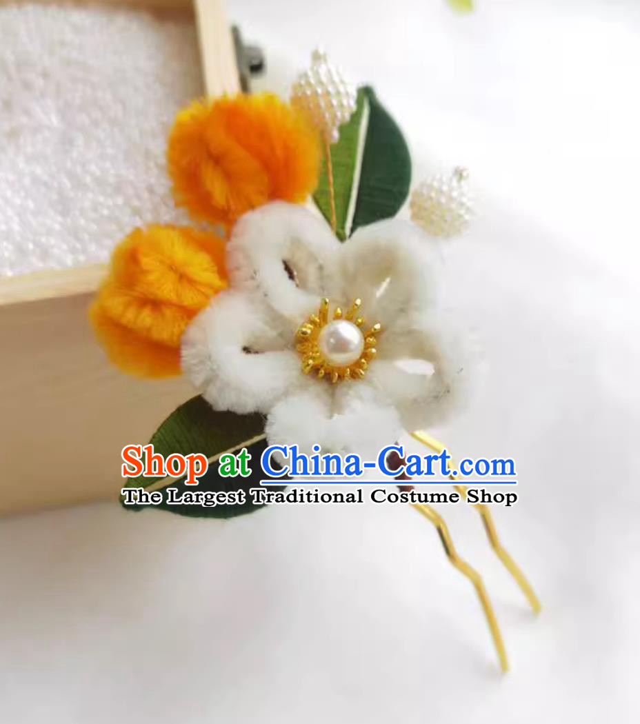 Hanfu Velvet Flower Hairpin White Wrapped Plum Blossom Hair Stick Chinese Traditional Headpiece Handmade Hair Jewelry