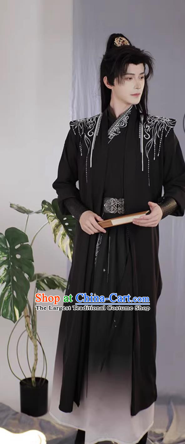 China Ancient Superhero Black Embroidered Outfit Traditional Young Warrior Costumes Chinese Ancient Swordsman Clothing