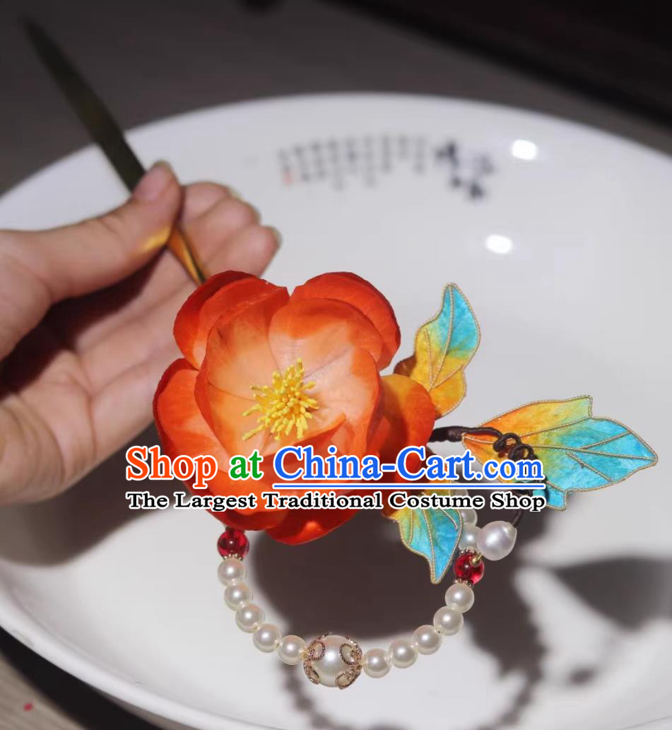 Intangible Cultural Heritage Silk Velvet Flower Hair Stick Handmade Camellia Hairpin Chinese Hanfu Headwear Qipao Ancient Hair Jewelry