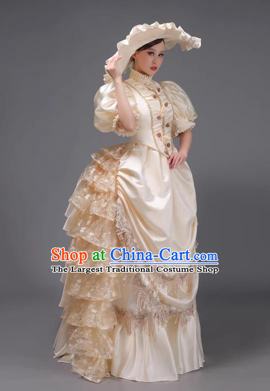 Champagne European Court Dress British Retro Costume Medieval Aristocratic Princess Clothing Baroque Stage Play Garment