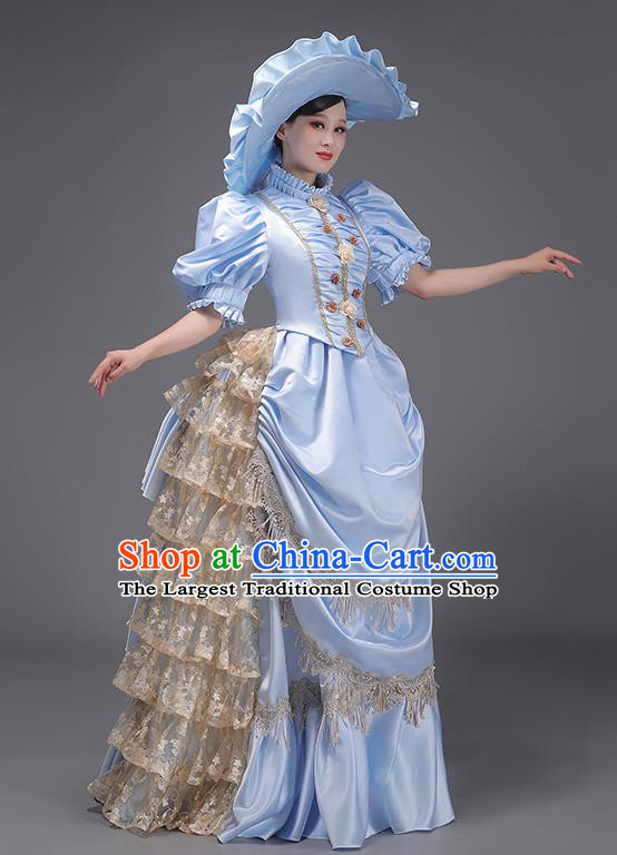 Medieval Aristocratic Princess Clothing Baroque Stage Play Garment Blue European Court Dress British Retro Costume