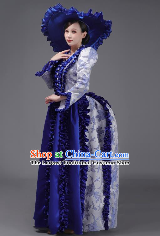 Royal Blue European Court Dress British Medieval Retro Princess Clothing Rococo Stage Costume
