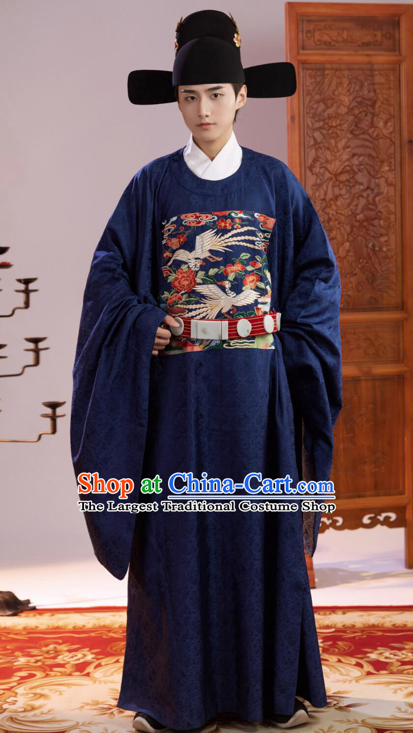 Navy Blue Chinese Embroidered Silver Pheasant Robe Ming Dynasty Court Costume Ancient China Fifth Rank Civil Official Clothing