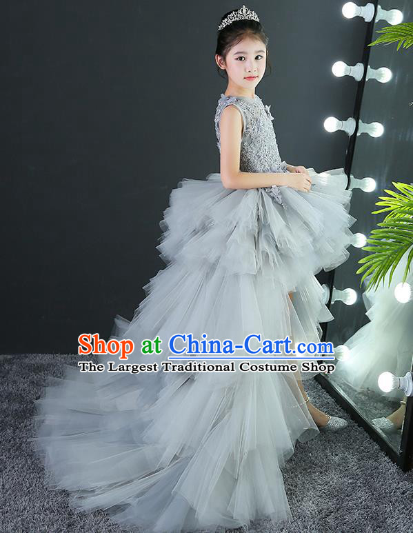 Children Piano Performance Clothing Girl Evening Dress Grey Princess Dress Model Walk Costume