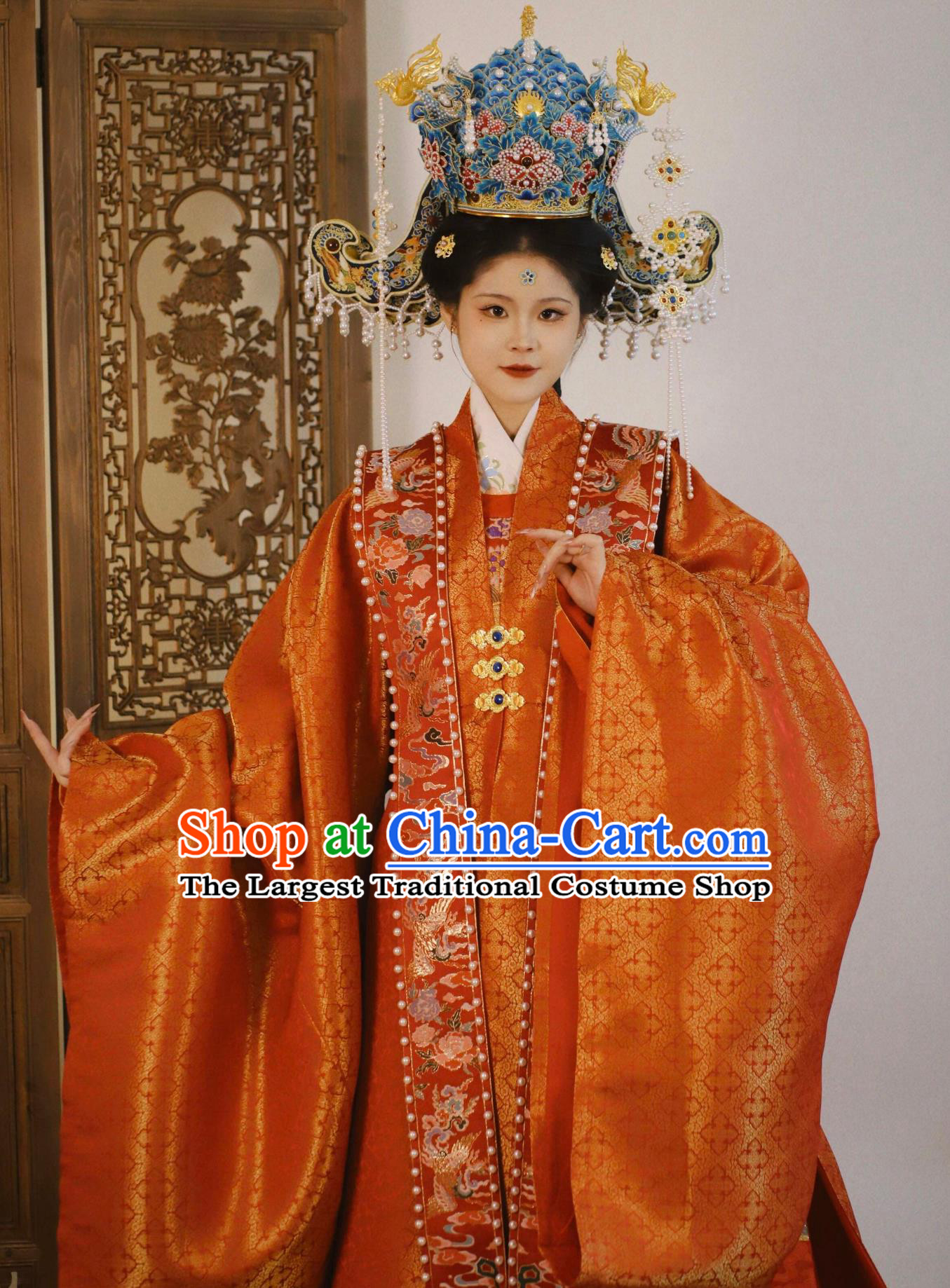 Chinese Ming Dynasty Wedding Dress Bride Red Brocade Large Sleeve Garment Ancient Empress Xia Pei Trailing Tail Costumes