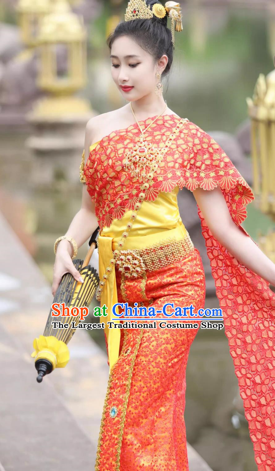 Thailand Traditional Embroidered Costume Bride Red Uniform Thai Clothing Women Set