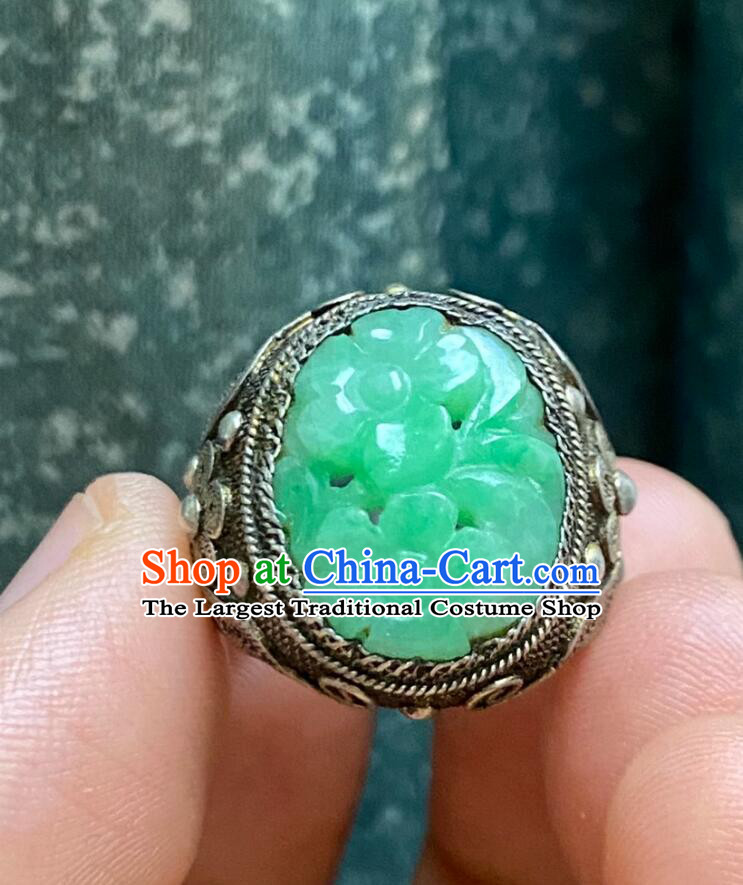 China Classic Jewelry Silver Finger Ring Ancient Chinese Qing Dynasty Jadeite Carving Plum Ring