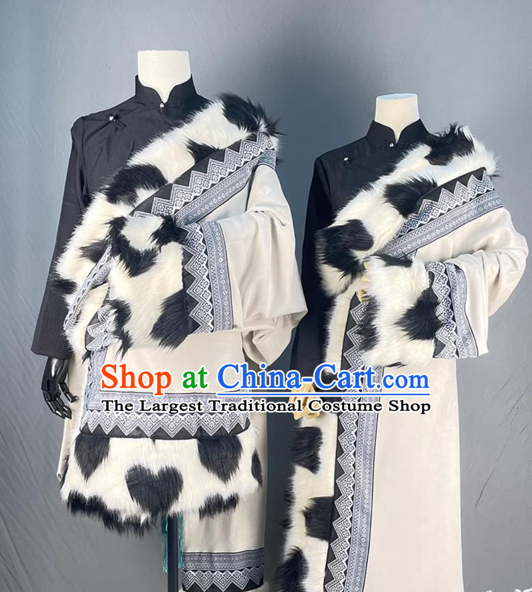 China Zang Nationality Winter Woman and Man Costumes Xizang Ethnic Stage Performance Clothing Tibetan Couple Robes