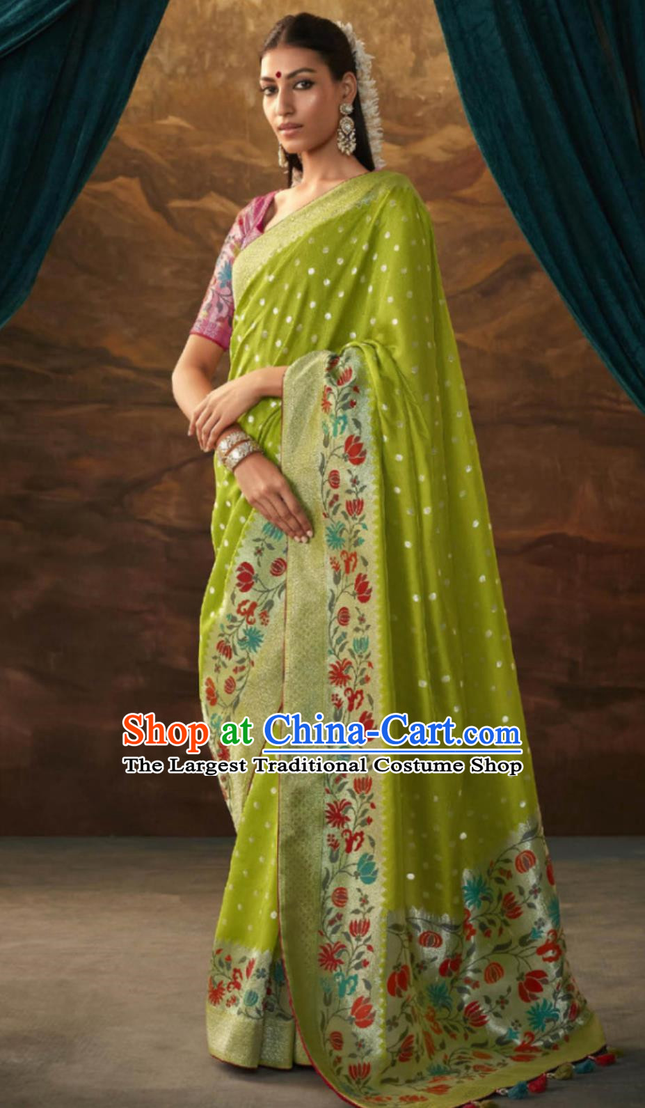 India Woman Festive Dress National Green Sari Indian Traditional Clothing