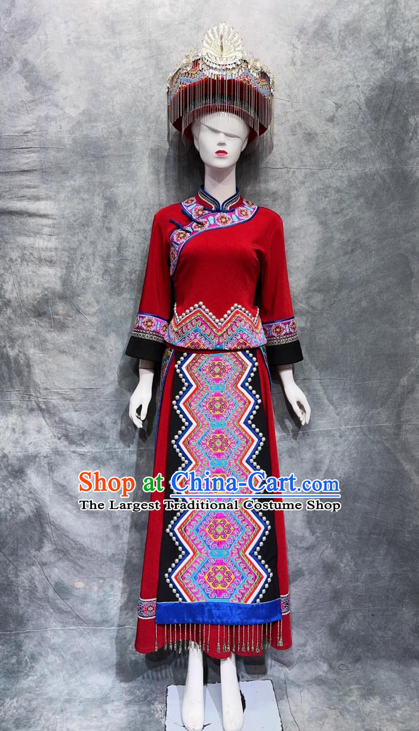 Chinese Tujia Ethnic Clothing National Minority Wedding Costume China Stage Performance Red Outfit