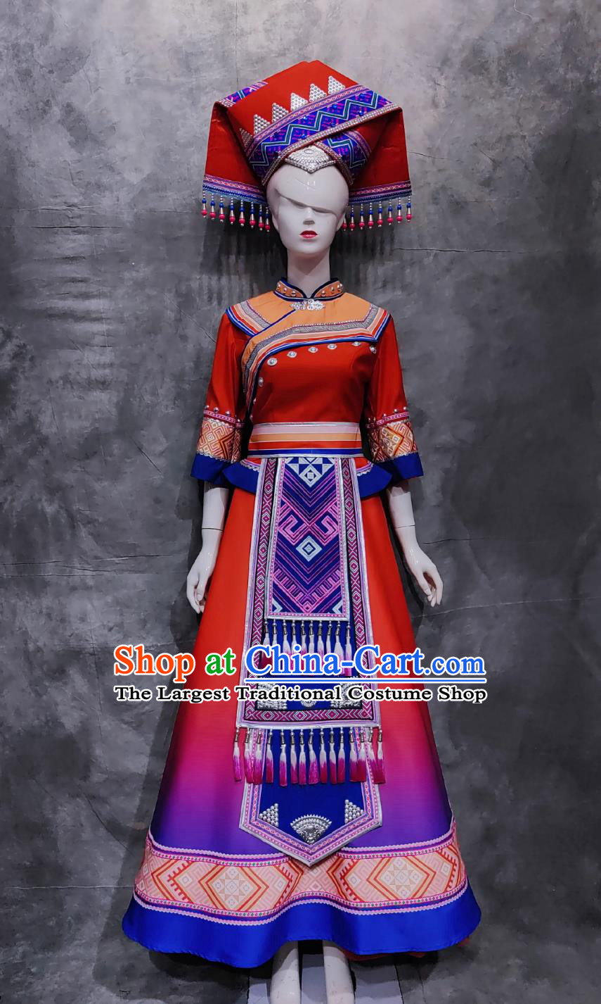 China Zhuang Ethnic Festival Clothing National Minority Dance Red Dress Chinese Guangxi March 3rd Woman Solo Costume