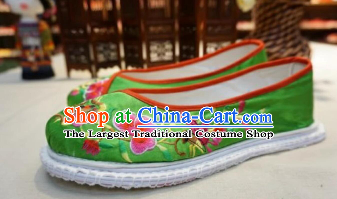 Handmade Green Satin Shoes Chinese National Embroidered Shoes