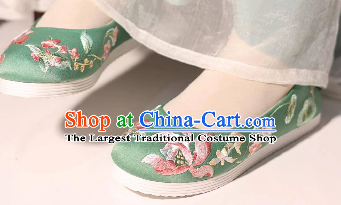 Chinese Classical Embroidered Shoes Handmade Green Satin Shoes Traditional Hanfu Shoes