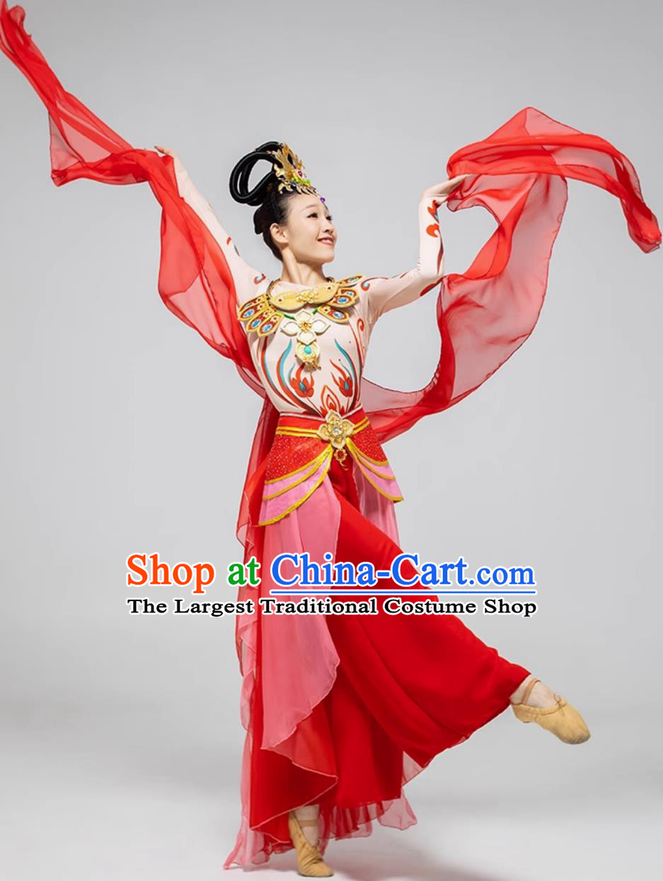 Chinese Dunhuang Flying Apsaras Dance Costume Women Group Stage Performance Clothing Pipa Dance Red Dress