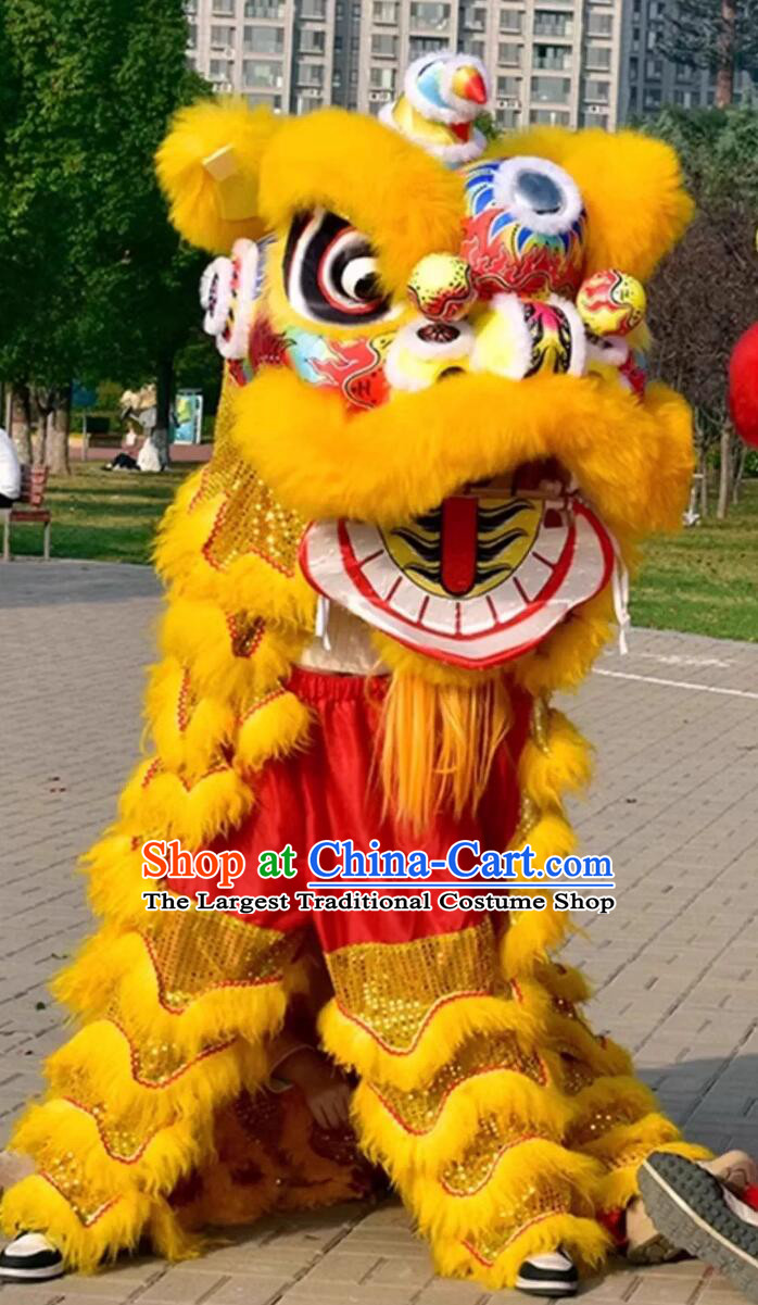 Chinese Festival Dancing Lion Clothing Traditional Golden Wool Lion Dance Costume Handmade Fut San Lion Head Complete Set