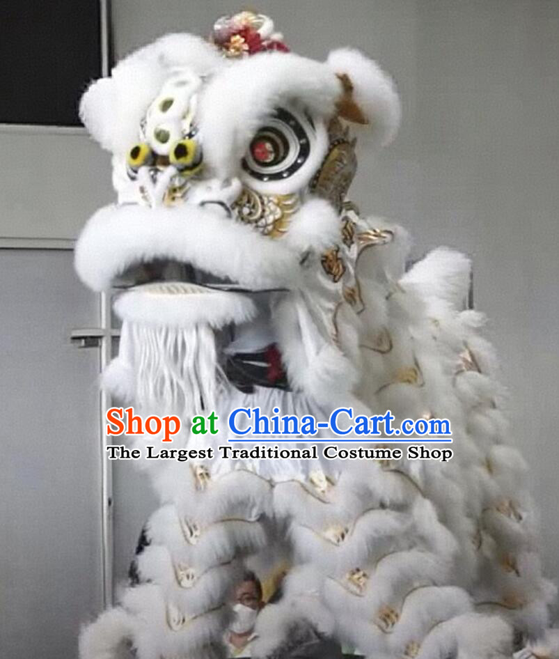 Handmade Lao Fu Zi Lion Head Chinese White Wool Lion Dance Clothing Festival Dancing Lion Costume Complete Set