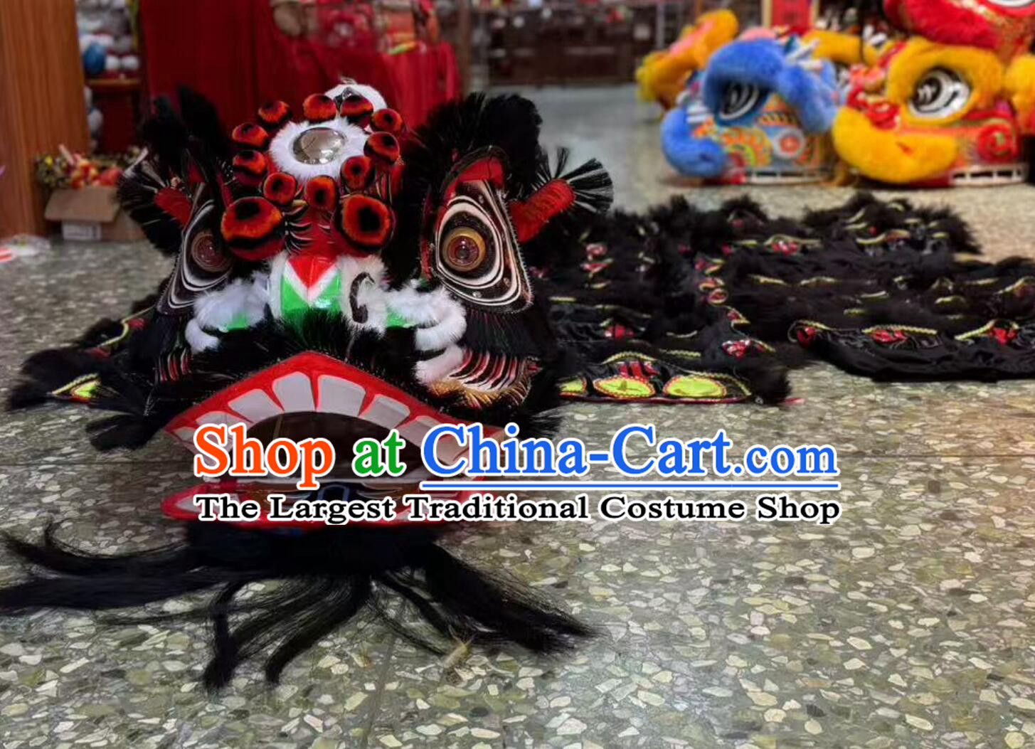 Traditional Black Toothbrush Hair Lion Head Chinese Guan Gong Lion Dance Clothing Festival Dancing Lion Tiger Spot Costume Complete Set