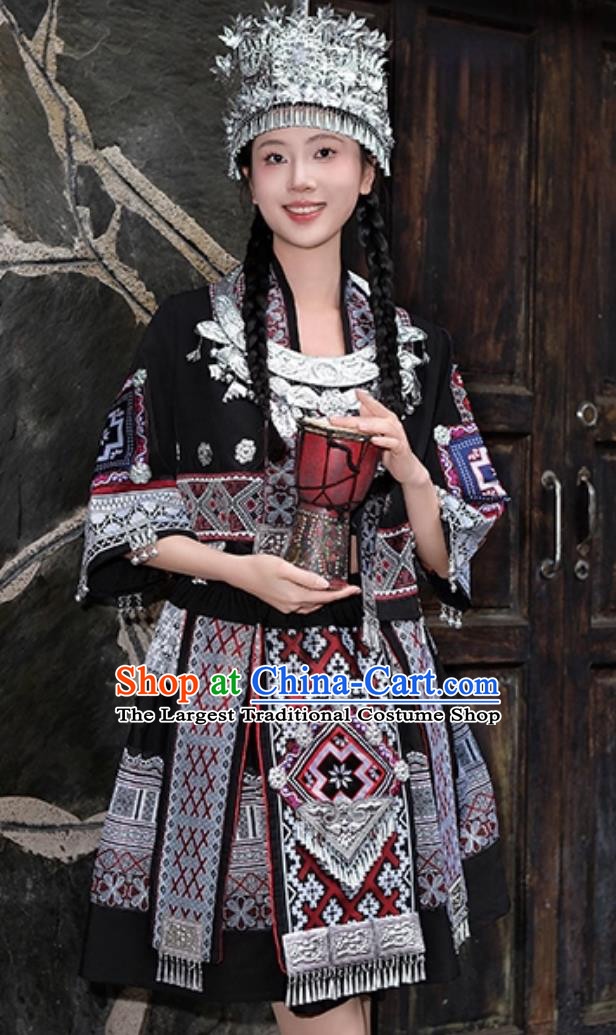 Hmong Minority Women Stage Performance Black Short Dress Chine Miao San Yue San Festival Ethnic Costume