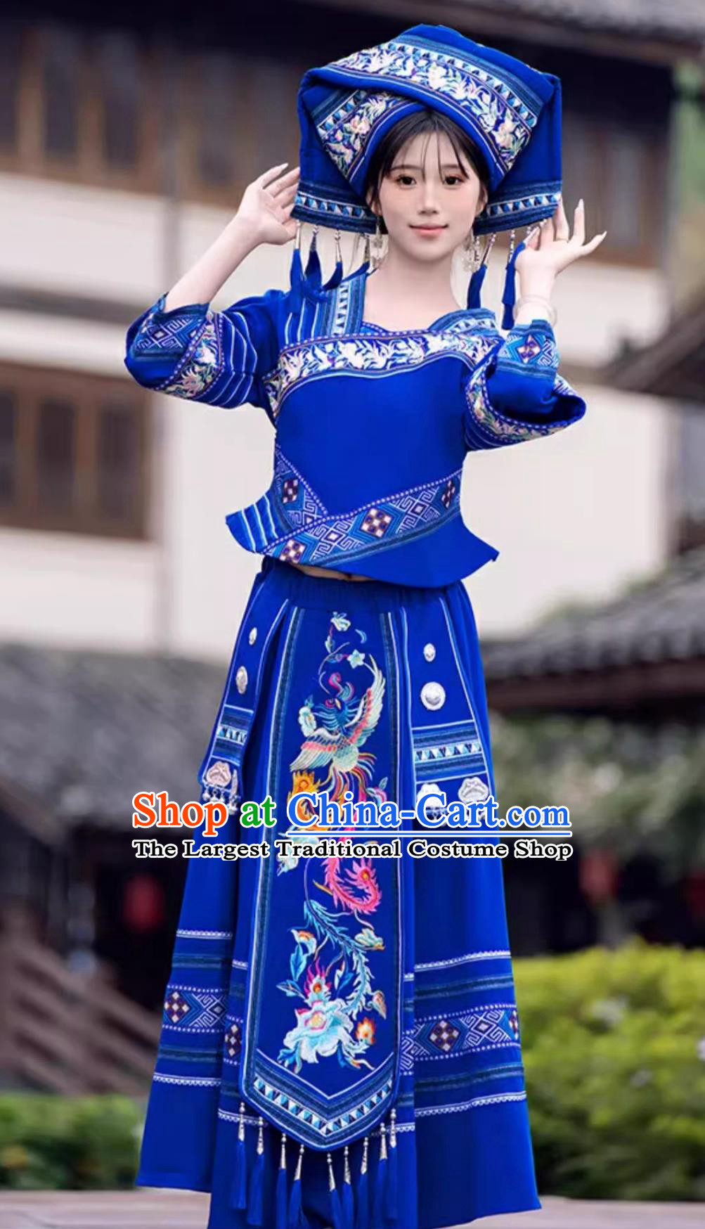 Guangxi Zhuang Ethnic Clothing San Yue San Festival Minority Embroidered Women Long Gown Performance Blue Dress