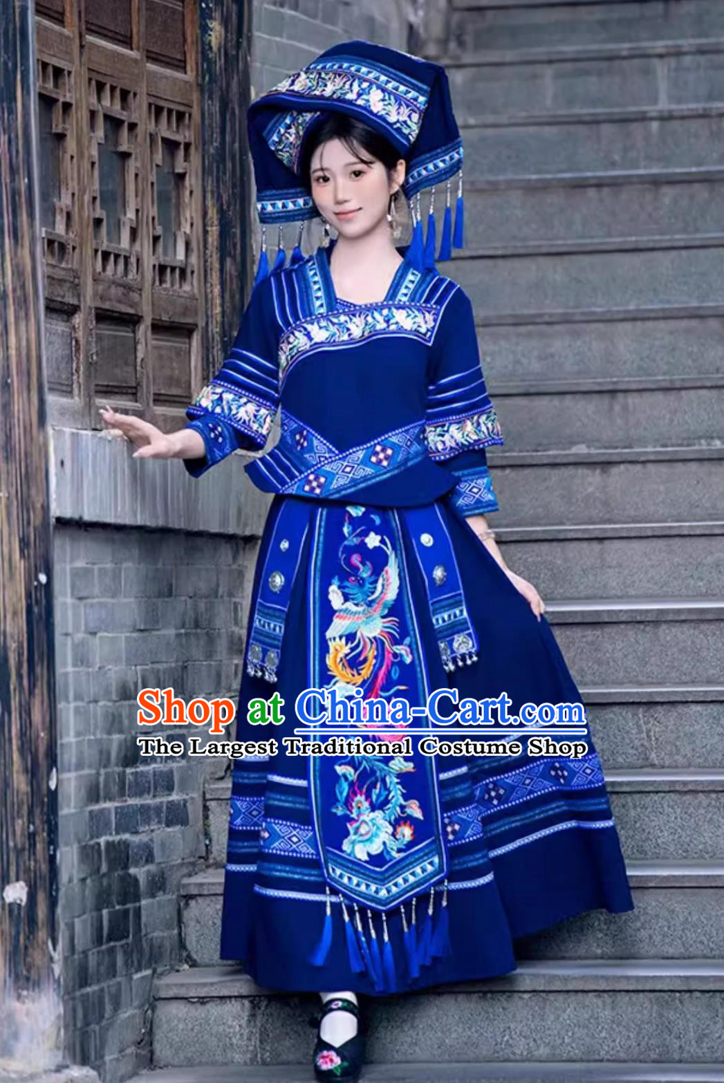 Guangxi Zhuang Ethnic Clothing San Yue San Festival Minority Embroidered Women Long Gown Performance Blue Dress