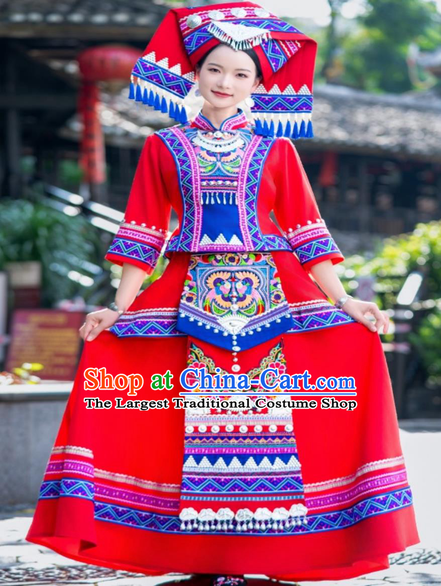 Guangxi Zhuang Ethnic Costume Women San Yue San Festival Minority Embroidered Performance Red Dress