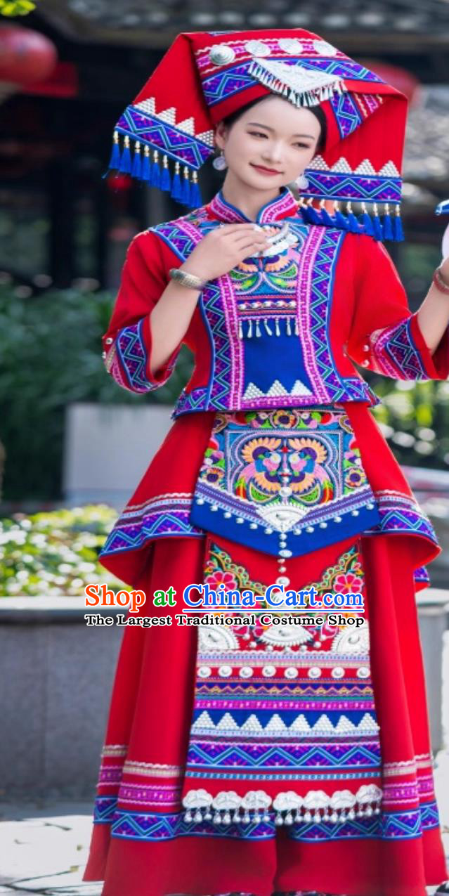 Guangxi Zhuang Ethnic Costume Women San Yue San Festival Minority Embroidered Performance Red Dress