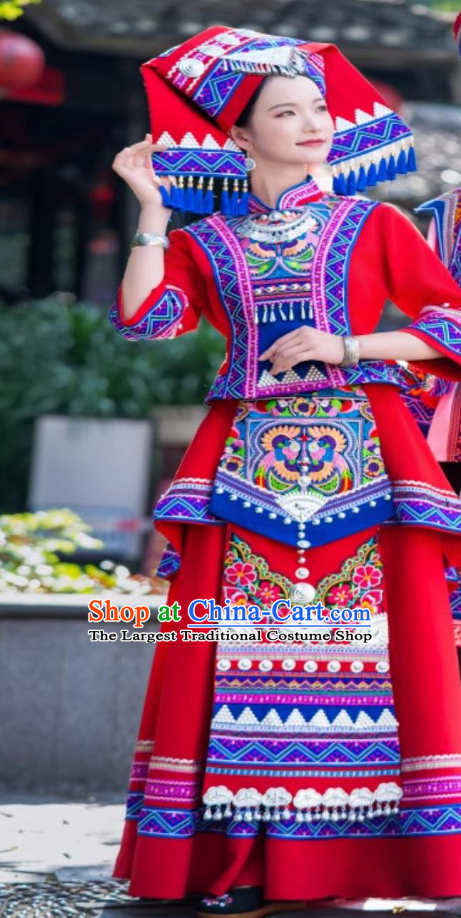 Guangxi Zhuang Ethnic Costume Women San Yue San Festival Minority Embroidered Performance Red Dress