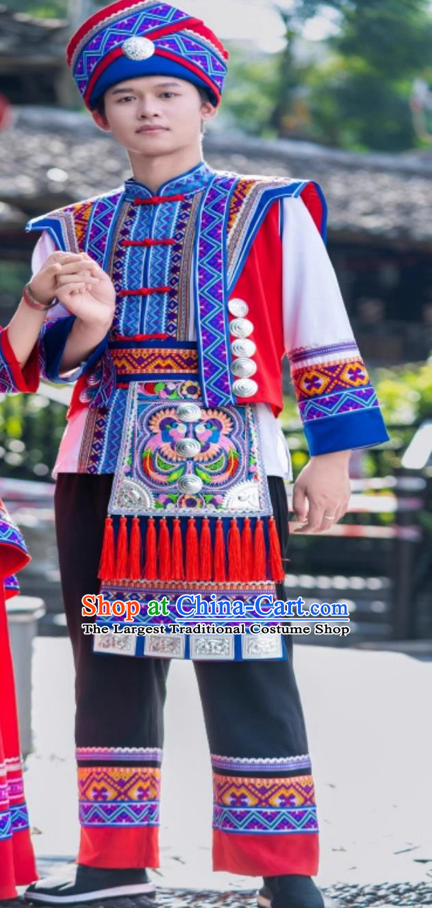 Chinese San Yue San Festival Minority Embroidered Performance Outfit Guangxi Zhuang Ethnic Male Costume