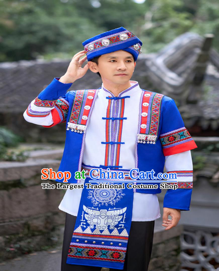 Chinese Minority Embroidered Traditional Attire She Ethnic Men Dance Costume Stage Performance Blue Outfit