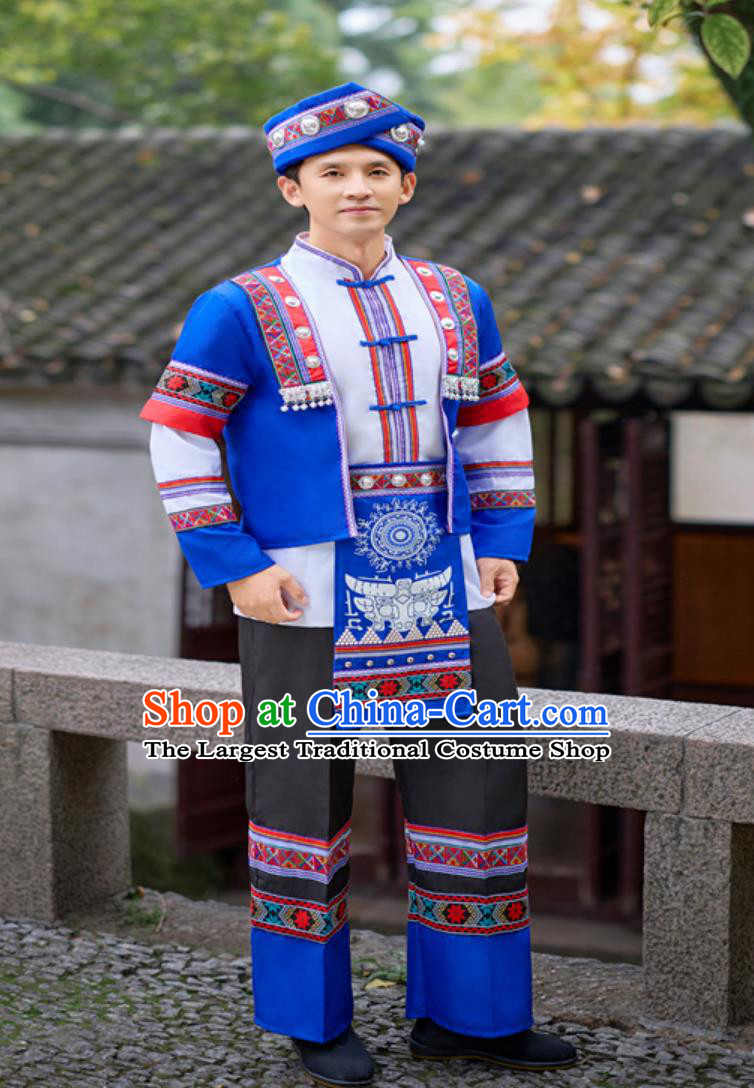 Chinese Minority Embroidered Traditional Attire She Ethnic Men Dance Costume Stage Performance Blue Outfit