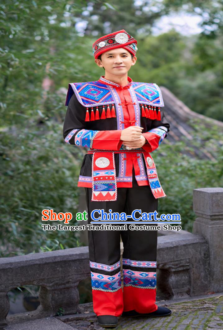 Festival Stage Performance Black Outfit Chinese Minority Embroidered Traditional Attire She Ethnic Men Dance Costume