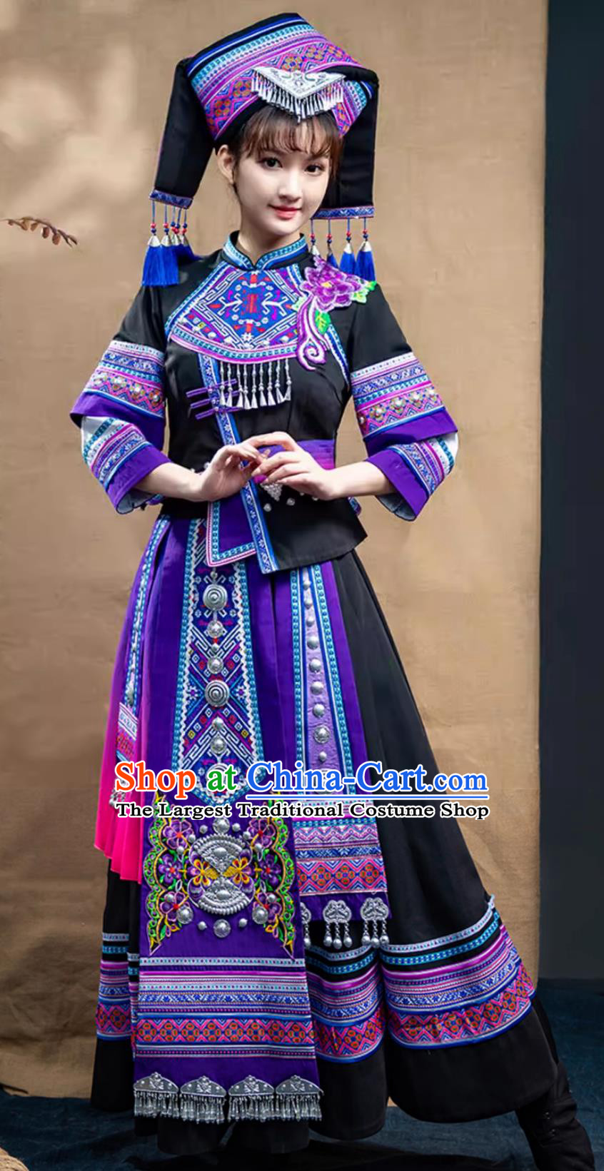 Guangxi Zhuang Ethnic Costume Women San Yue San Festival Performance Dress Chinese Minority Embroidered Gown