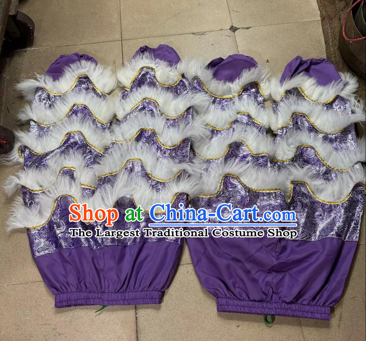 Purple Satin Chinese Lion Dance Tail and Pants Traditional Wool Lion Costumes Set