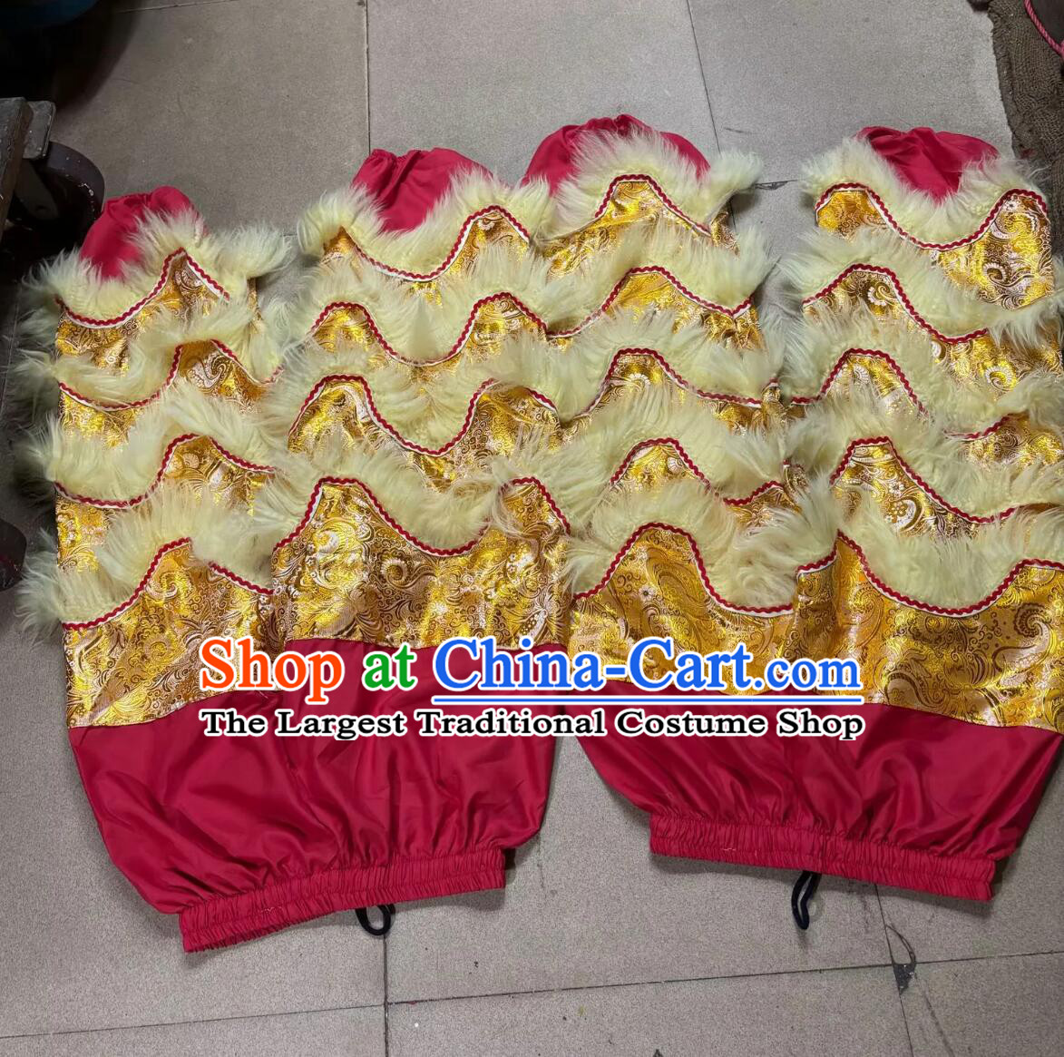 Golden Satin Traditional Wool Lion Costumes Chinese Lion Dance Tail and Pants Set