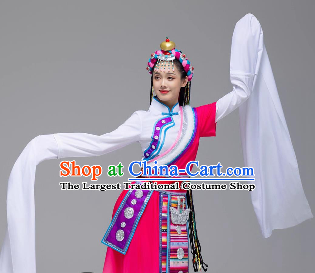 Magenta Tibetan Ceremonial Gown Chinese Ethnic Dance Costume Zang Minority Performance Dress