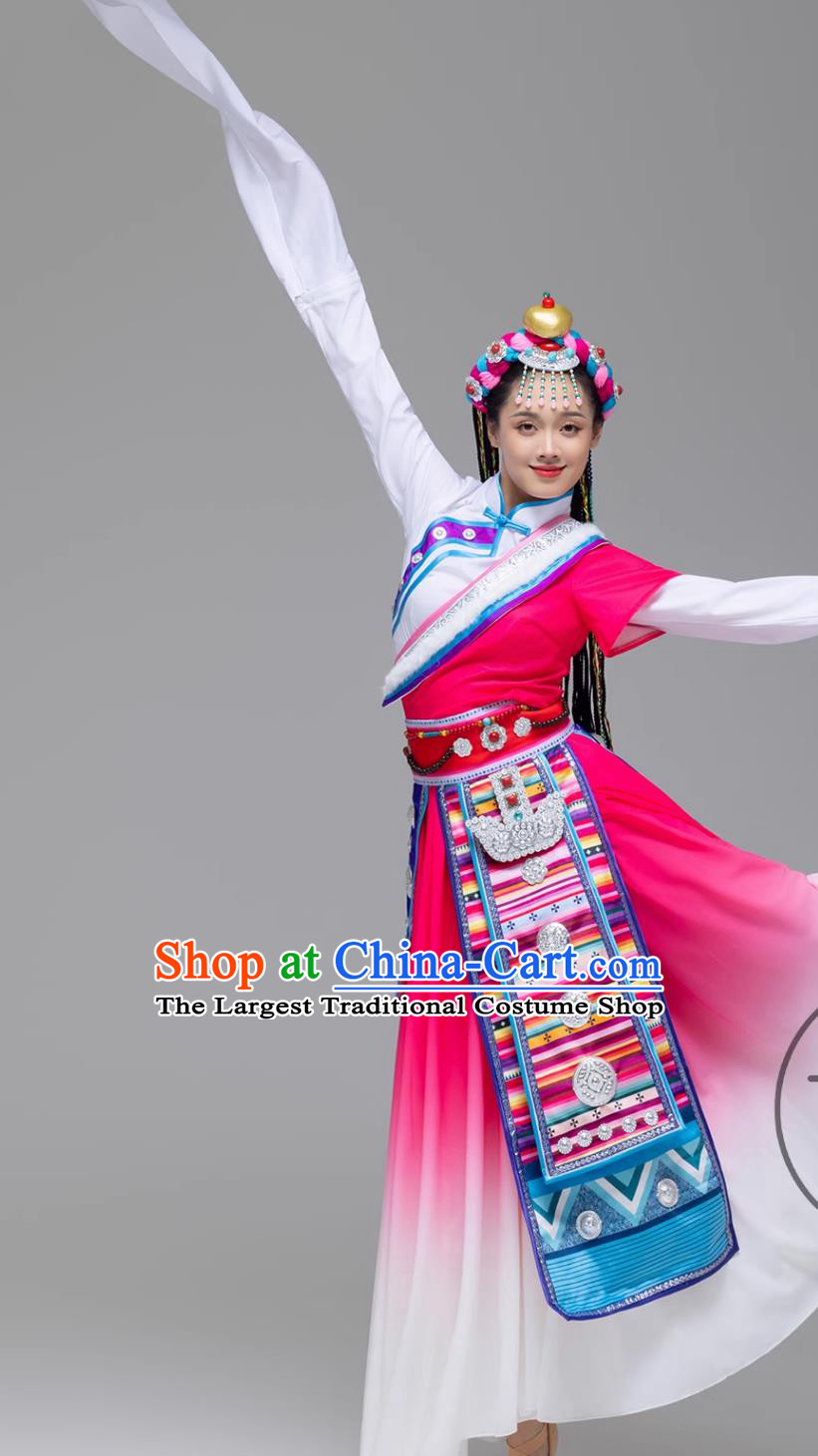 Magenta Tibetan Ceremonial Gown Chinese Ethnic Dance Costume Zang Minority Performance Dress