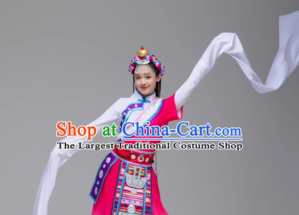 Magenta Tibetan Ceremonial Gown Chinese Ethnic Dance Costume Zang Minority Performance Dress