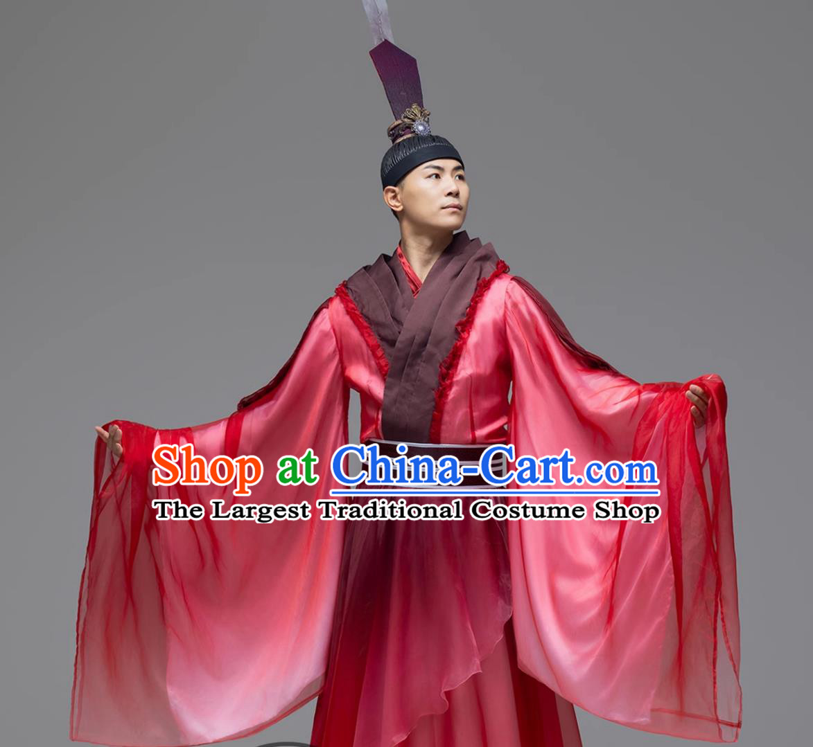 Chinese Classical Dance Ritual Guoxue Red Robes Mens Traditional Confucius Dance Performance Costume and Feather Headpiece Complete Set