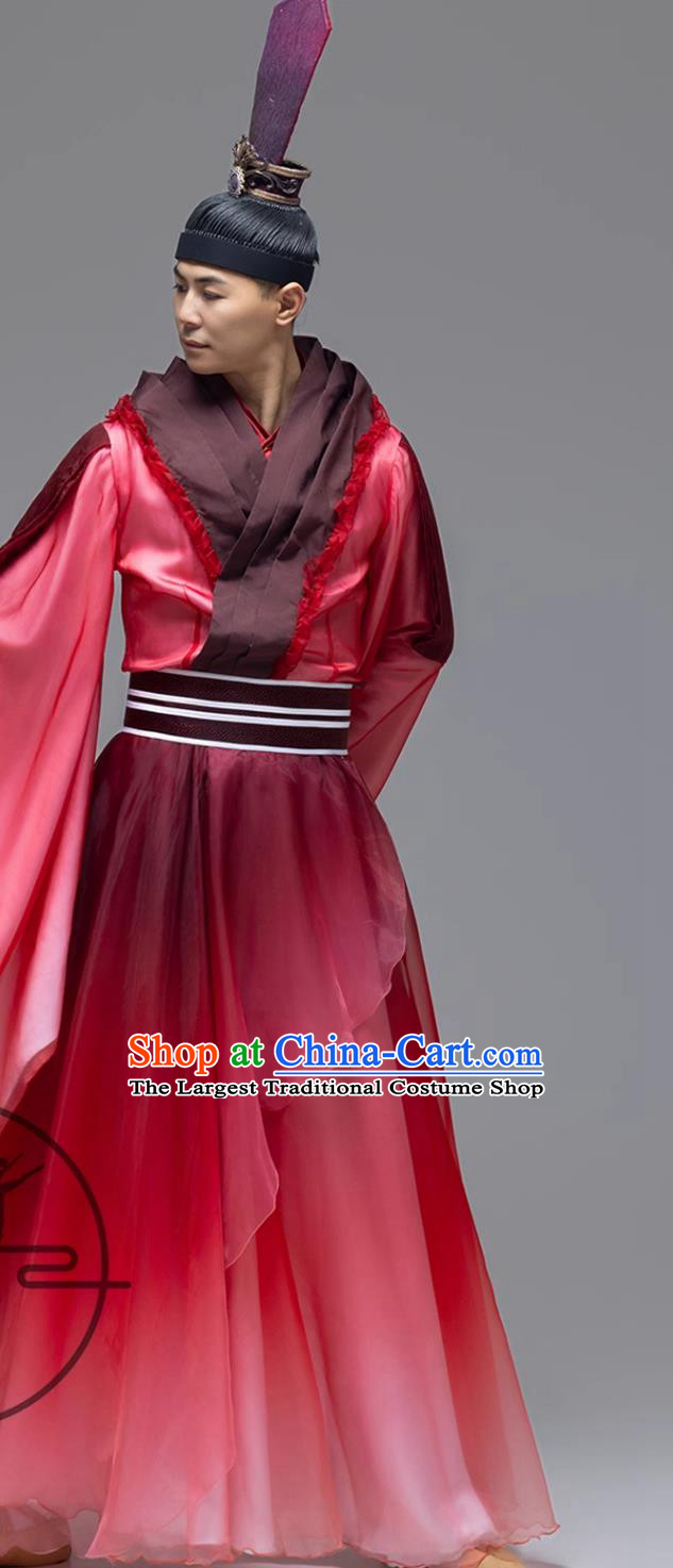 Chinese Classical Dance Ritual Guoxue Red Robes Mens Traditional Confucius Dance Performance Costume and Feather Headpiece Complete Set