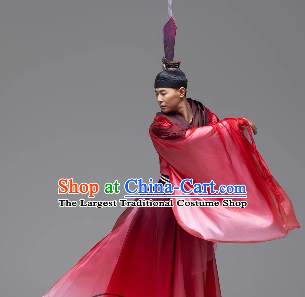 Chinese Classical Dance Ritual Guoxue Red Robes Mens Traditional Confucius Dance Performance Costume and Feather Headpiece Complete Set